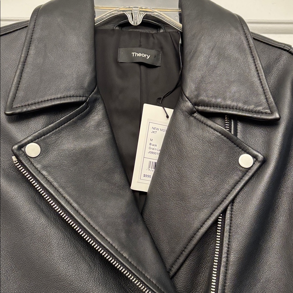 NWT Theory Moto Black Biker Grain Lamb Leather Jacket with Silver Accents Size M - Picture 16 of 16